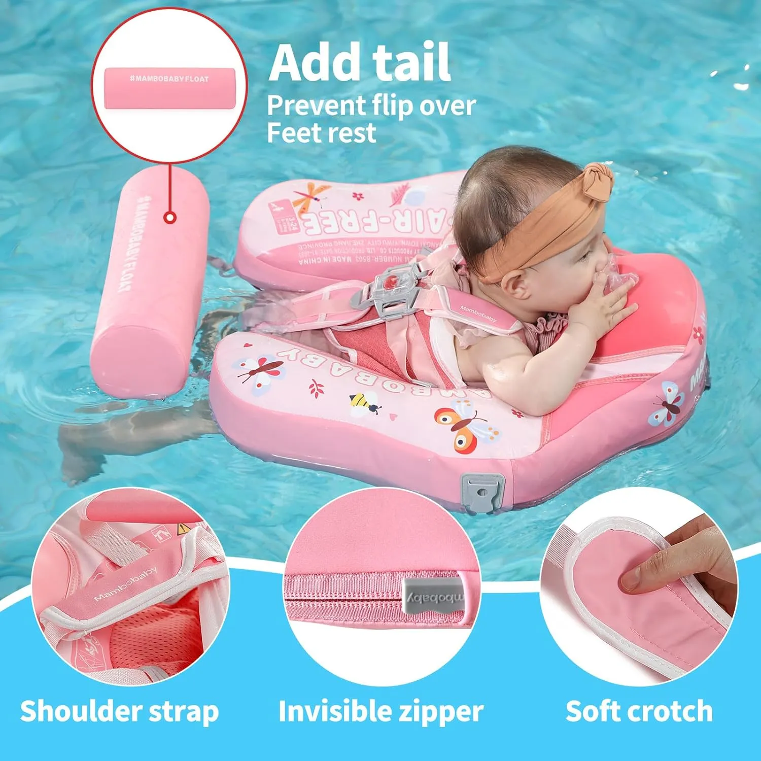 Mambobaby Float Add Tail No Flip Over Non-Inflatable Baby Swim Float Pearl Foam Solid Water Floats Smart Swim Trainer Infant Pool Float Swim Ring with Sun Canopy