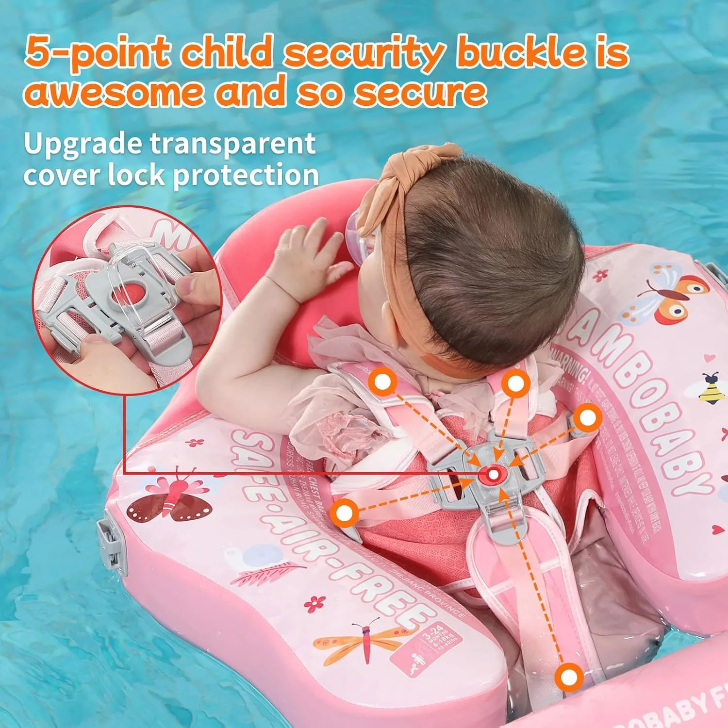 Mambobaby Float Add Tail No Flip Over Non-Inflatable Baby Swim Float Pearl Foam Solid Water Floats Smart Swim Trainer Infant Pool Float Swim Ring with Sun Canopy