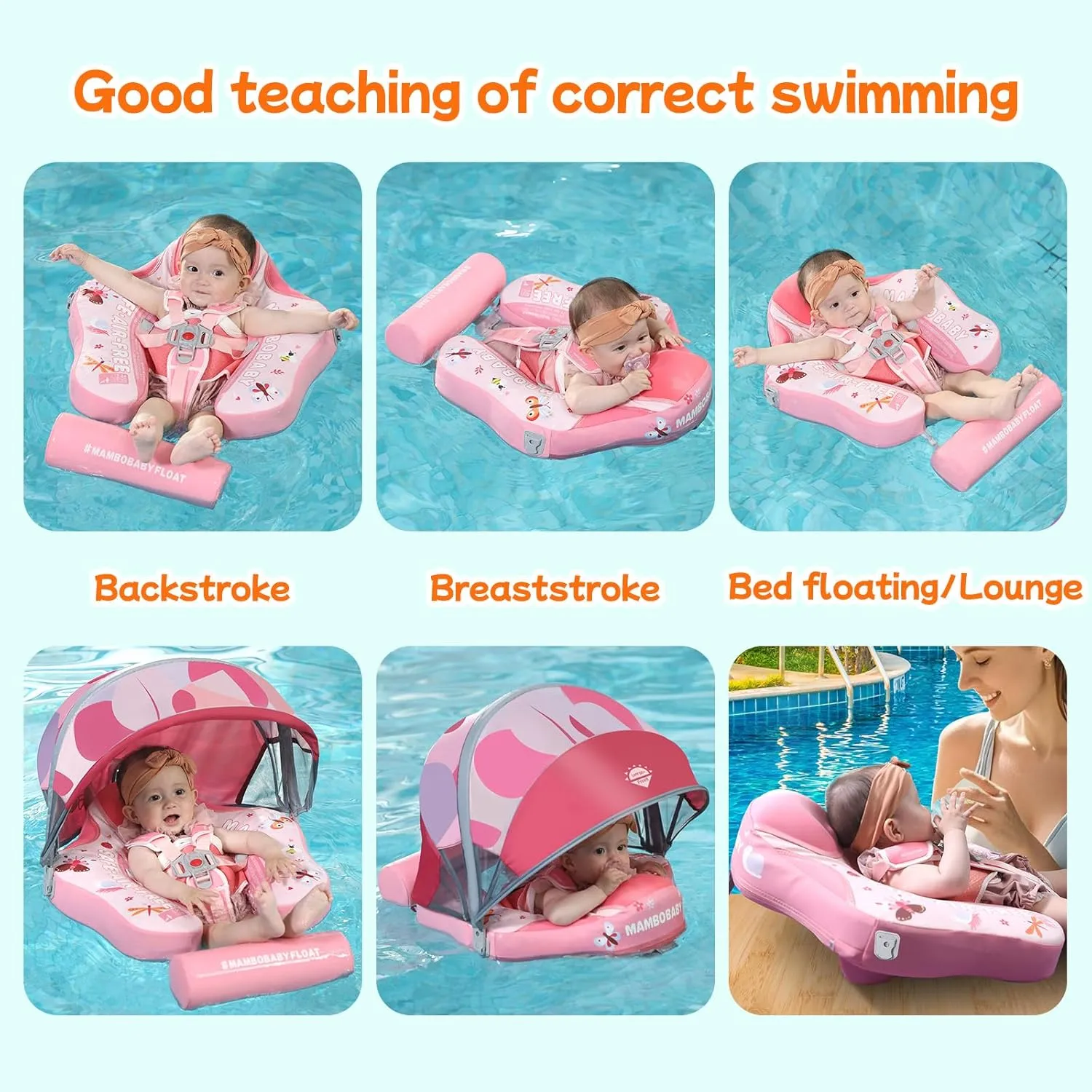 Mambobaby Float Add Tail No Flip Over Non-Inflatable Baby Swim Float Pearl Foam Solid Water Floats Smart Swim Trainer Infant Pool Float Swim Ring with Sun Canopy