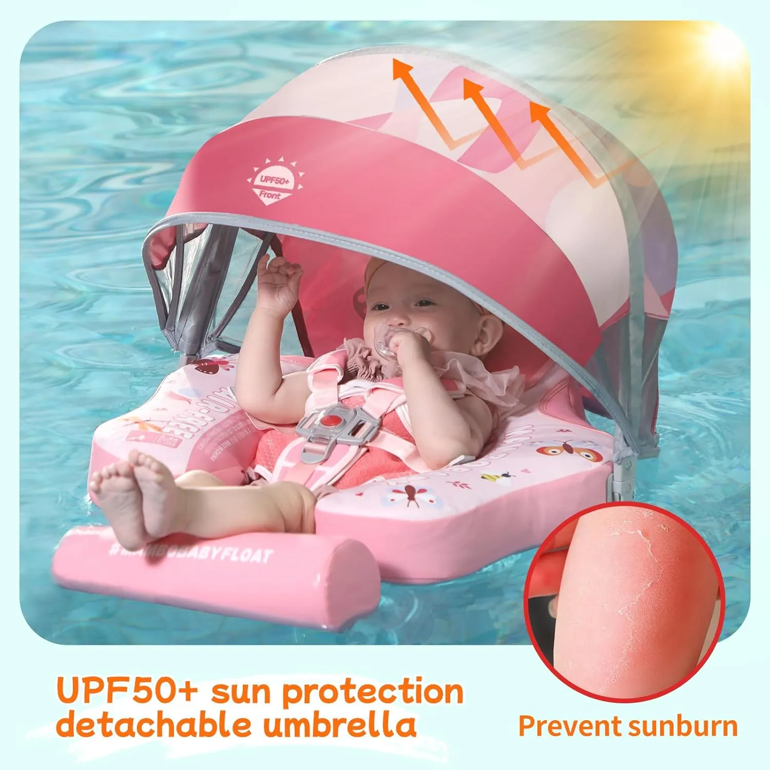 Mambobaby Float Add Tail No Flip Over Non-Inflatable Baby Swim Float Pearl Foam Solid Water Floats Smart Swim Trainer Infant Pool Float Swim Ring with Sun Canopy