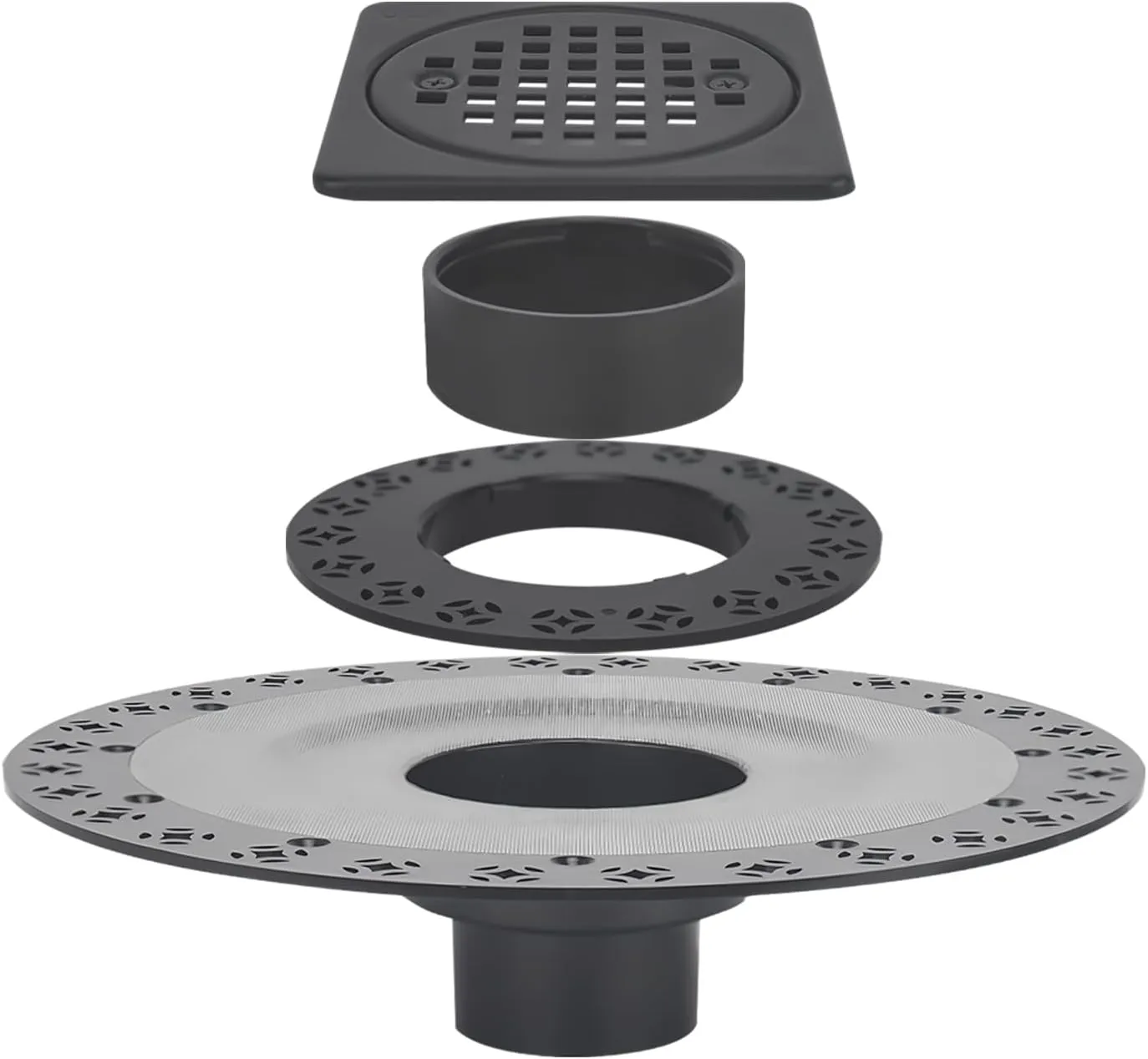 Matte Black Shower Drain Kit 4” Compatible with Schluter Shower Pan with Flange for 2” Pipe - Replacement for Schluter Shower Kit - Square Shower Floor Drain SS304 Grate and ABS Material