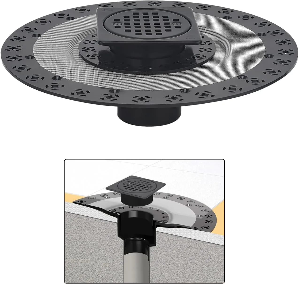 Matte Black Shower Drain Kit 4” Compatible with Schluter Shower Pan with Flange for 2” Pipe - Replacement for Schluter Shower Kit - Square Shower Floor Drain SS304 Grate and ABS Material