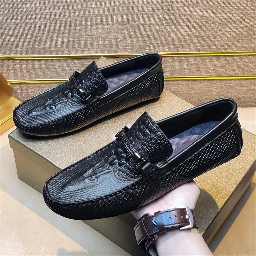 MCMUS Loafer Shoes for Men Round Toe Faux Crocodile Print Moccasins Leather Lightweight Flexible Flat Heel Driving Slip On for Any Attire
