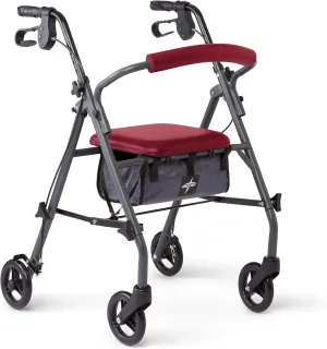 Medline Rollator Walker with Seat and Wheels, Durable Steel Frame Supports up to 300 lbs, 6 inch Wheels, Red