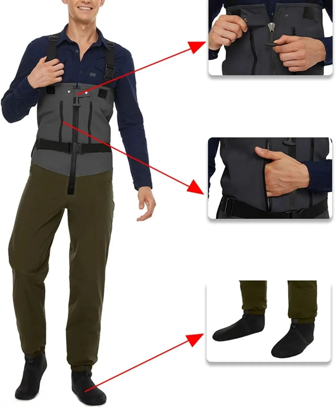 Men's Durable Fishing Waders - Layered Fabric with Integrated Sock Design