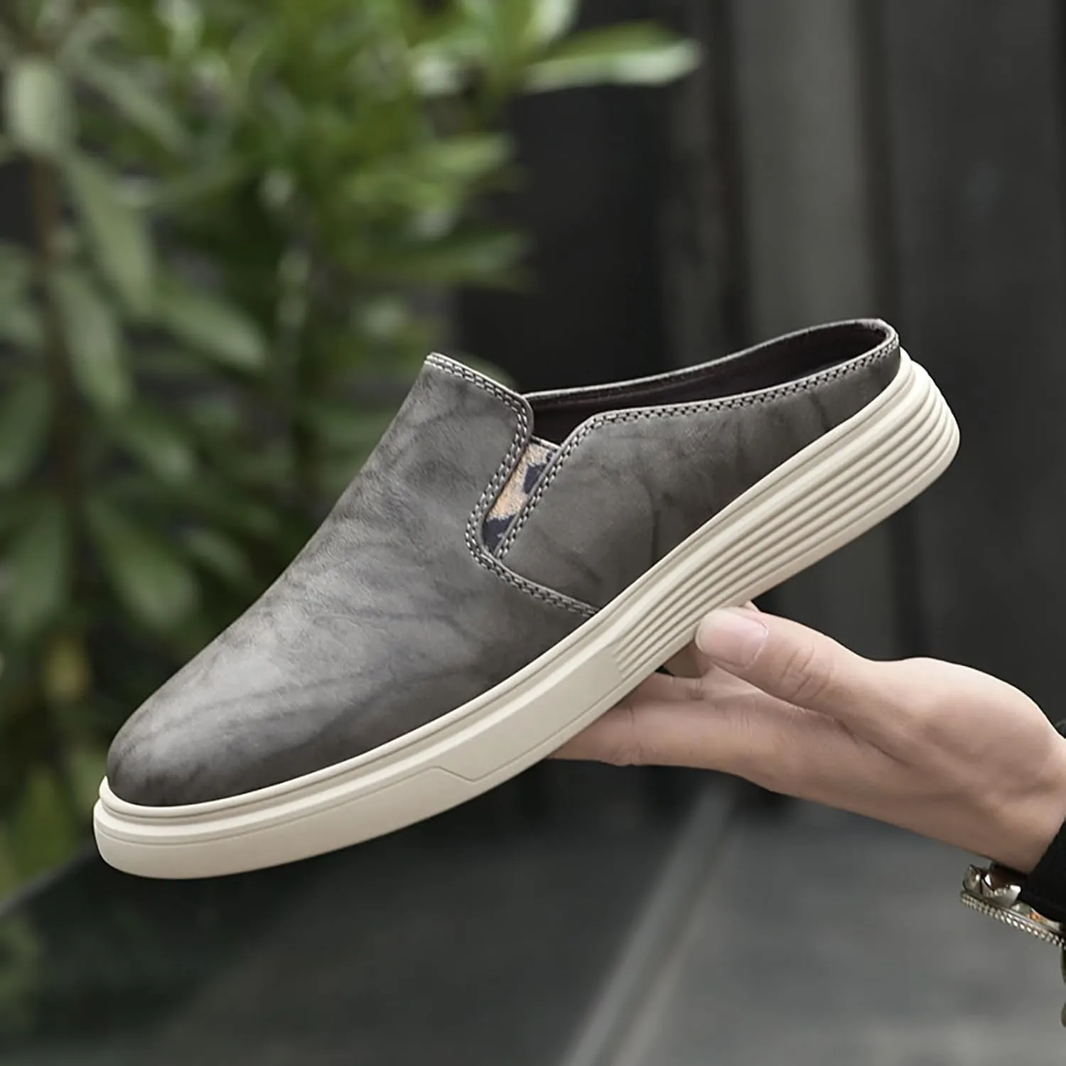 Men's Genuine Leather Slip-On Mules Clog Slippers Comfortable Elastic Closure Round Toe Backless Male Loafer Slippers for Office Work Drive Dressy Mules