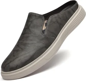 Men's Genuine Leather Slip-On Mules Clog Slippers Comfortable Elastic Closure Round Toe Backless Male Loafer Slippers for Office Work Drive Dressy Mules