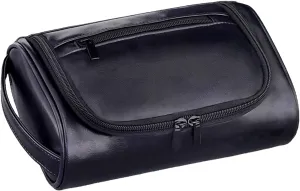 Men's Small Flat Travel Toiletry Bag - Water-Resistant PU Leather Dopp Kit For Men's Grooming Essentials, Compact Toiletries Organizer & Shaving Kit, Lightweight Durable Design (Black)
