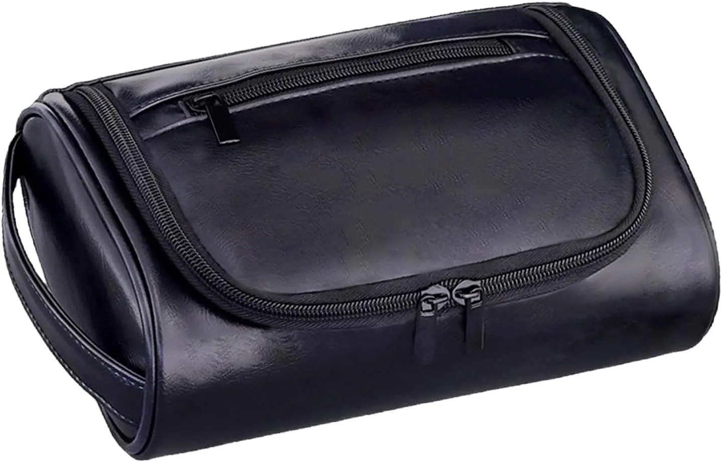 Men's Small Flat Travel Toiletry Bag - Water-Resistant PU Leather Dopp Kit For Men's Grooming Essentials, Compact Toiletries Organizer & Shaving Kit, Lightweight Durable Design (Black)