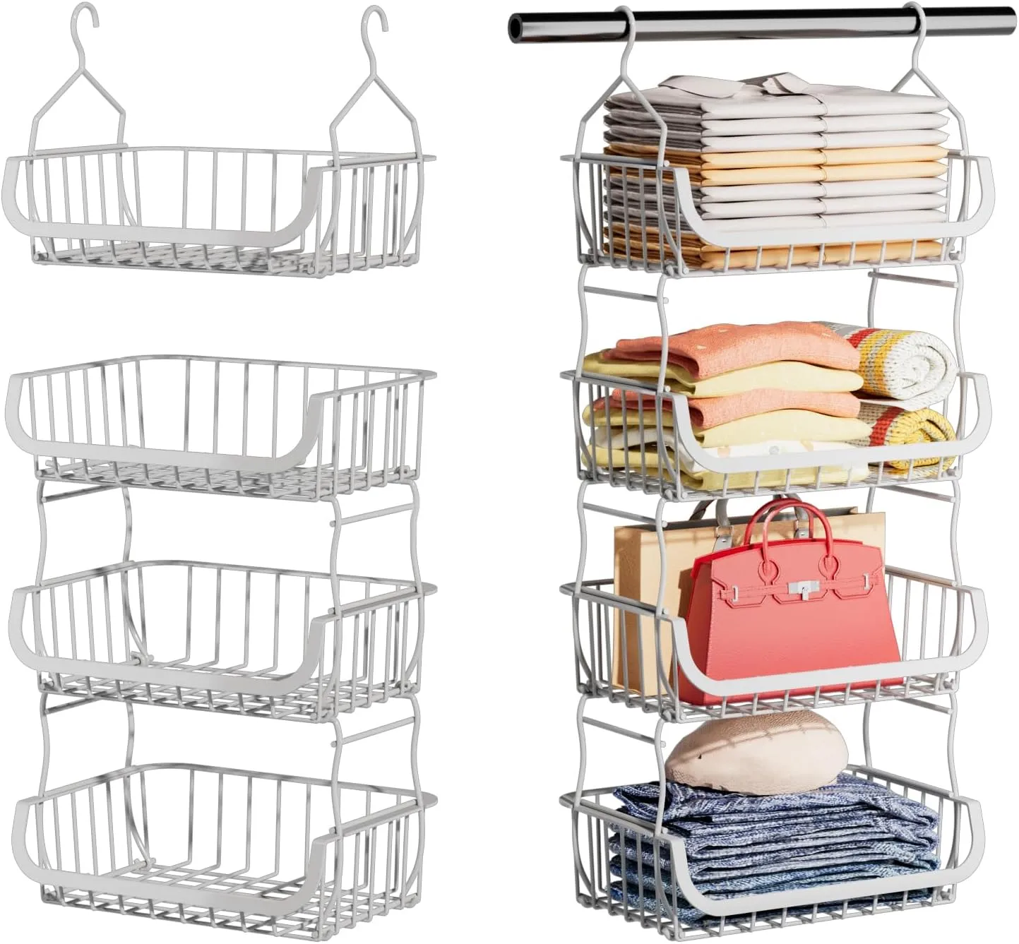 Metal Closet Hanging Organizer, 4 Tier Stackable Closet Organizers and Storage, Sturdy Clothes Hanging Shelves, Wire Storage Basket for Clothing Pants Coat Sweaters Handbags Hats, RV Pantry Organizer