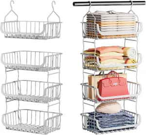 Metal Closet Hanging Organizer, 4 Tier Stackable Closet Organizers and Storage, Sturdy Clothes Hanging Shelves, Wire Storage Basket for Clothing Pants Coat Sweaters Handbags Hats, RV Pantry Organizer