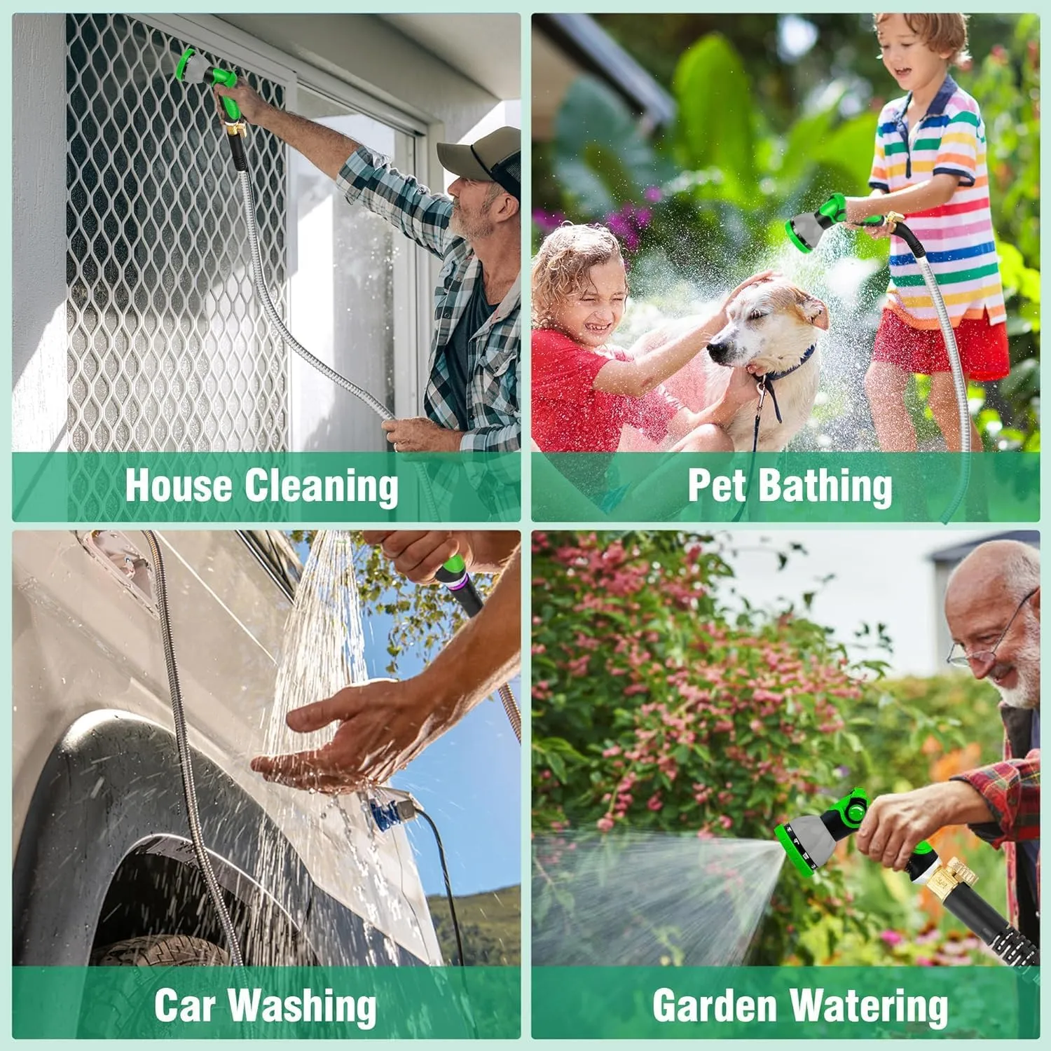 Metal Garden Hose 150Ft Stainless Steel Water Hose Heavy Duty with 10 Way Nozzle-Flexible Lightweight Durable No Kink & Tangle，Strong 3/4’’ Solid Metal Fitting Shut-Off Valve for Outdoor Yard