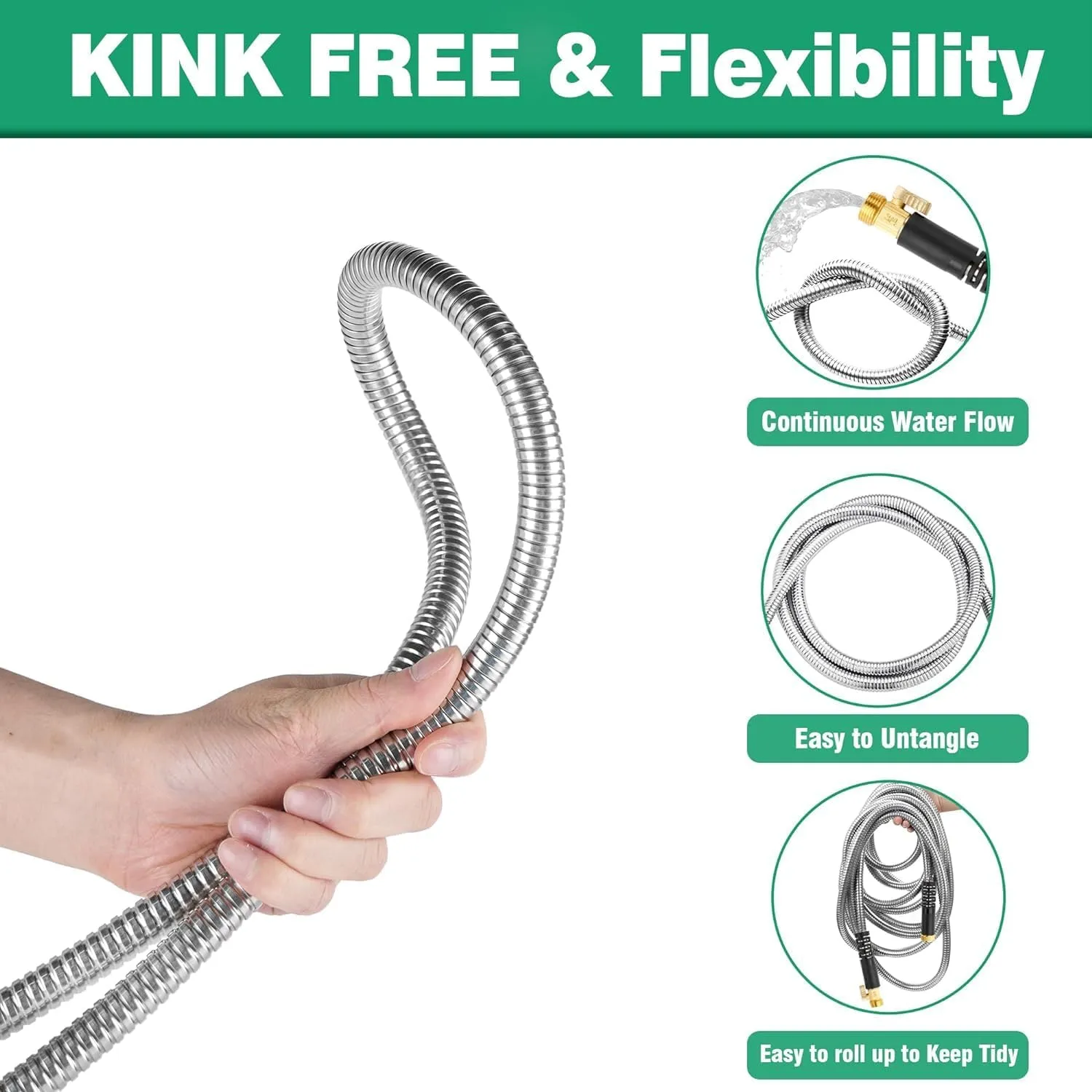 Metal Garden Hose 150Ft Stainless Steel Water Hose Heavy Duty with 10 Way Nozzle-Flexible Lightweight Durable No Kink & Tangle，Strong 3/4’’ Solid Metal Fitting Shut-Off Valve for Outdoor Yard