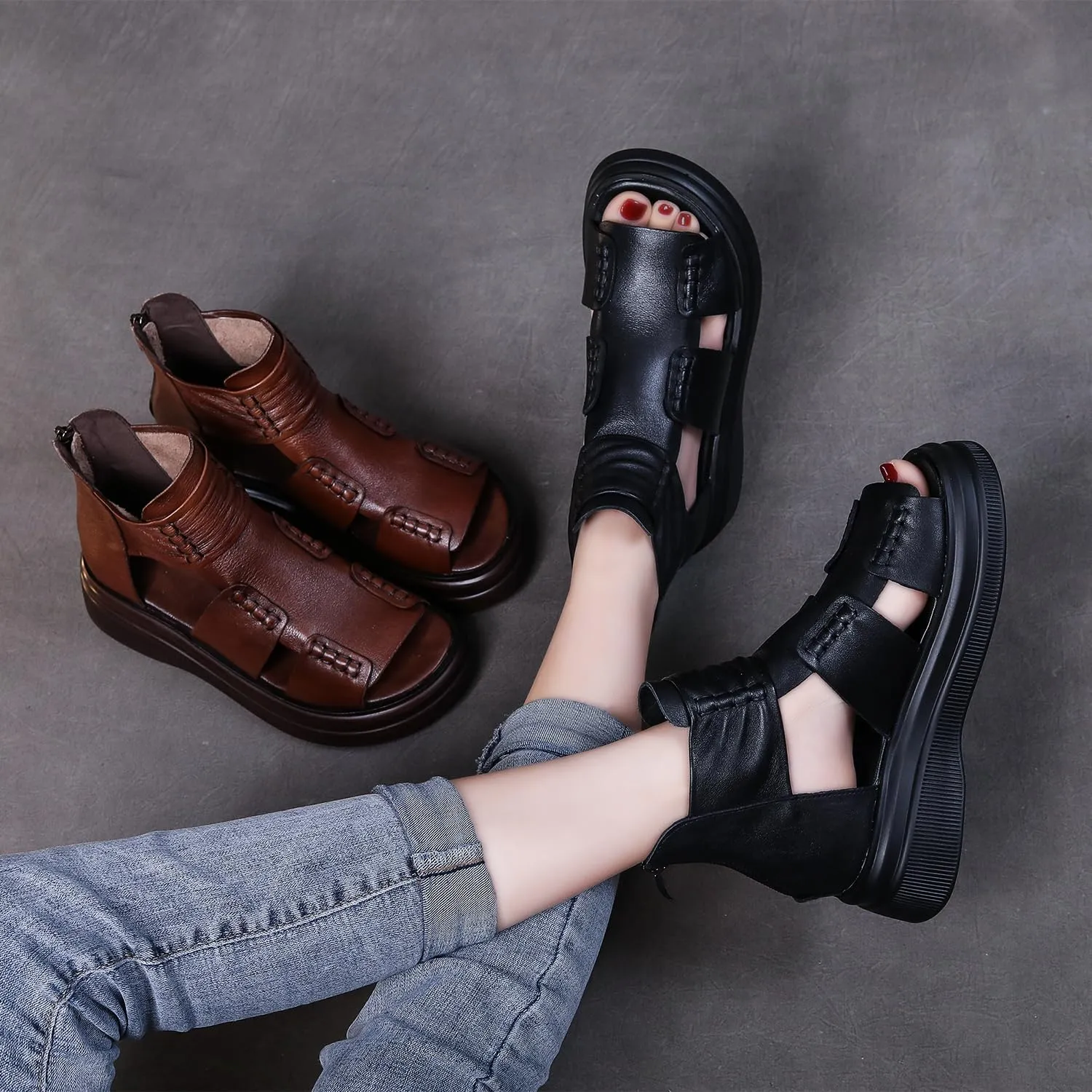 Micoklinlin Sandals Women Black Genuine Leather Boots Sandals Zipper Open Toe Flat Platform Sandals for Women Dressy Summer