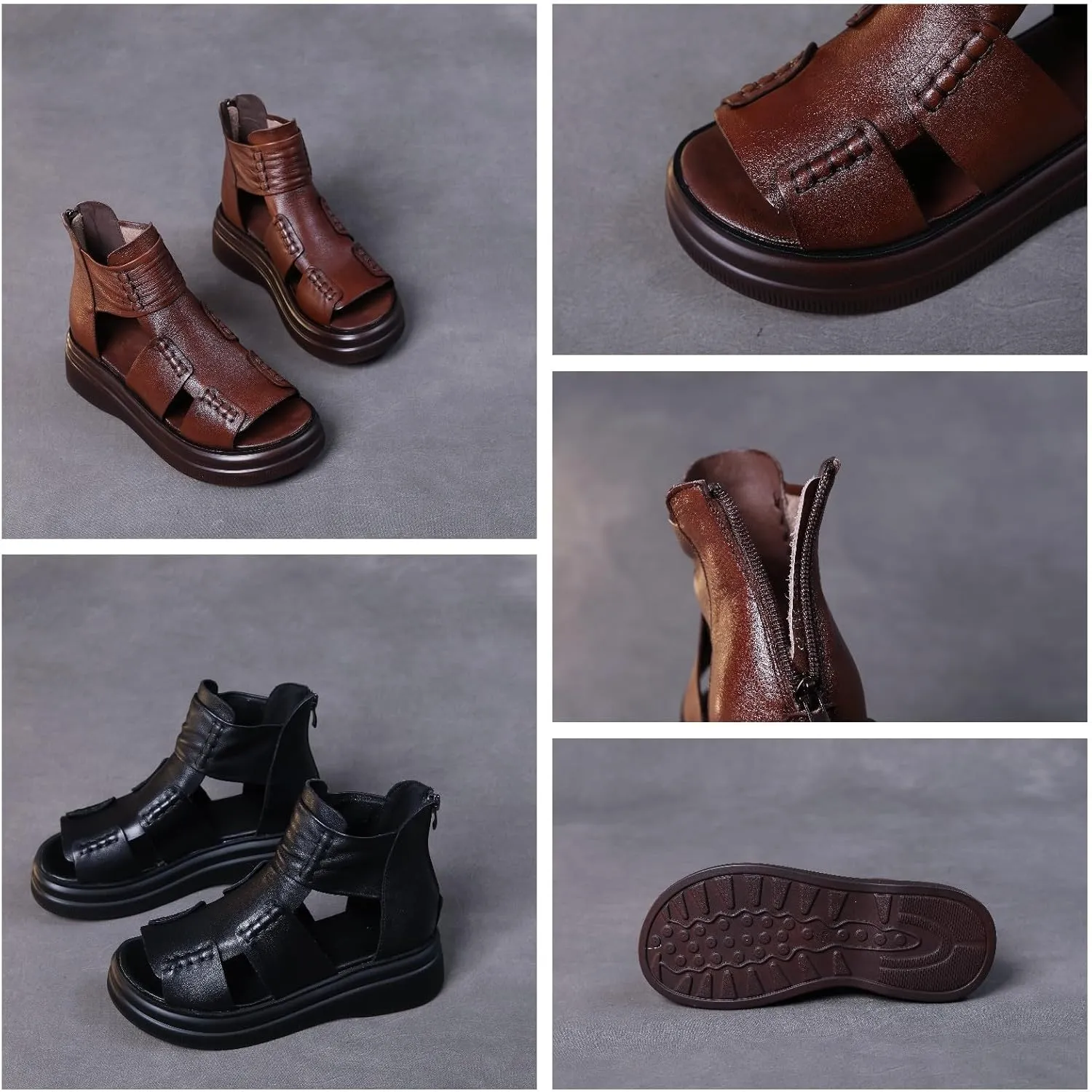 Micoklinlin Sandals Women Black Genuine Leather Boots Sandals Zipper Open Toe Flat Platform Sandals for Women Dressy Summer
