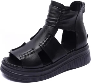 Micoklinlin Sandals Women Black Genuine Leather Boots Sandals Zipper Open Toe Flat Platform Sandals for Women Dressy Summer