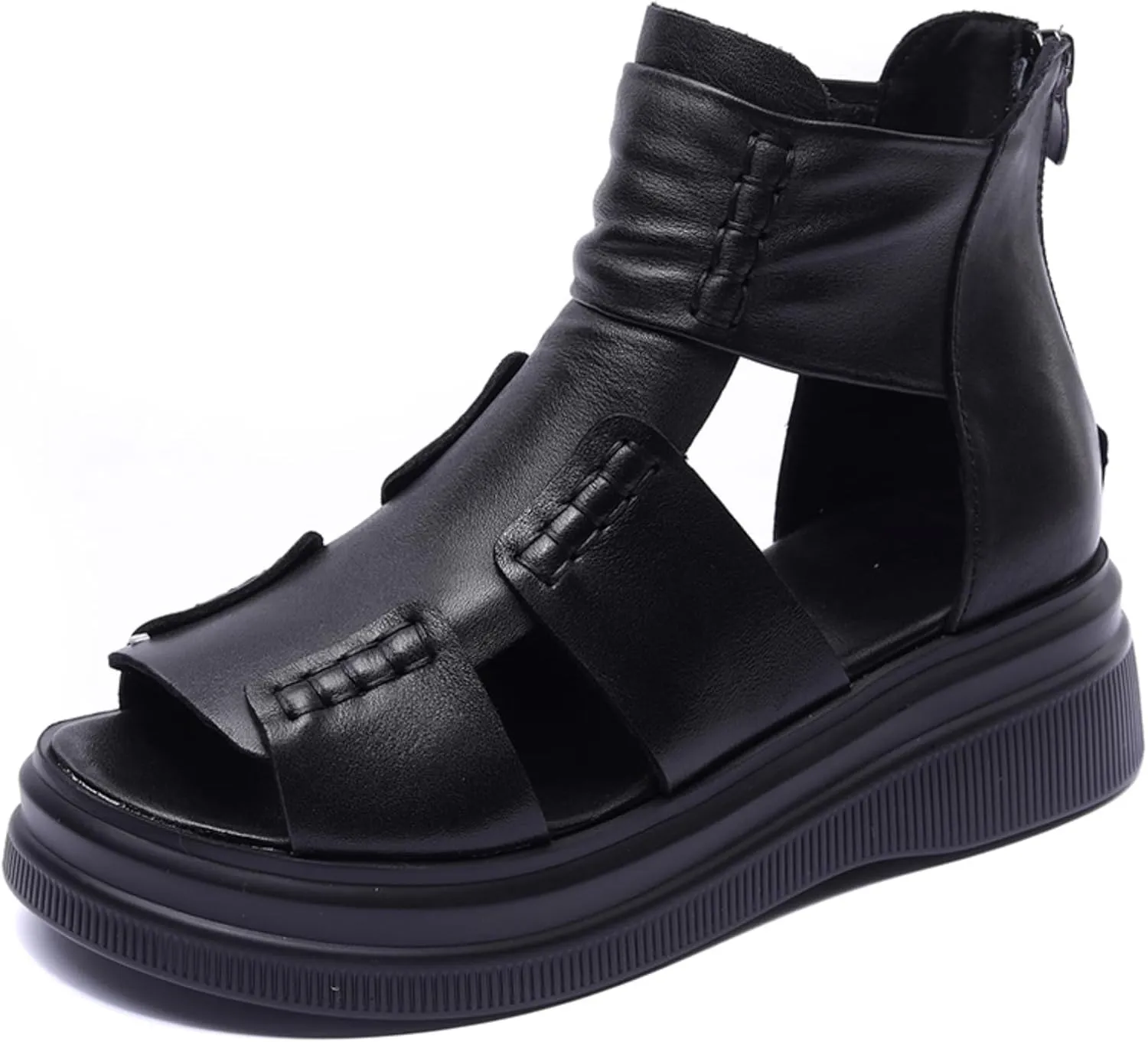 Micoklinlin Sandals Women Black Genuine Leather Boots Sandals Zipper Open Toe Flat Platform Sandals for Women Dressy Summer
