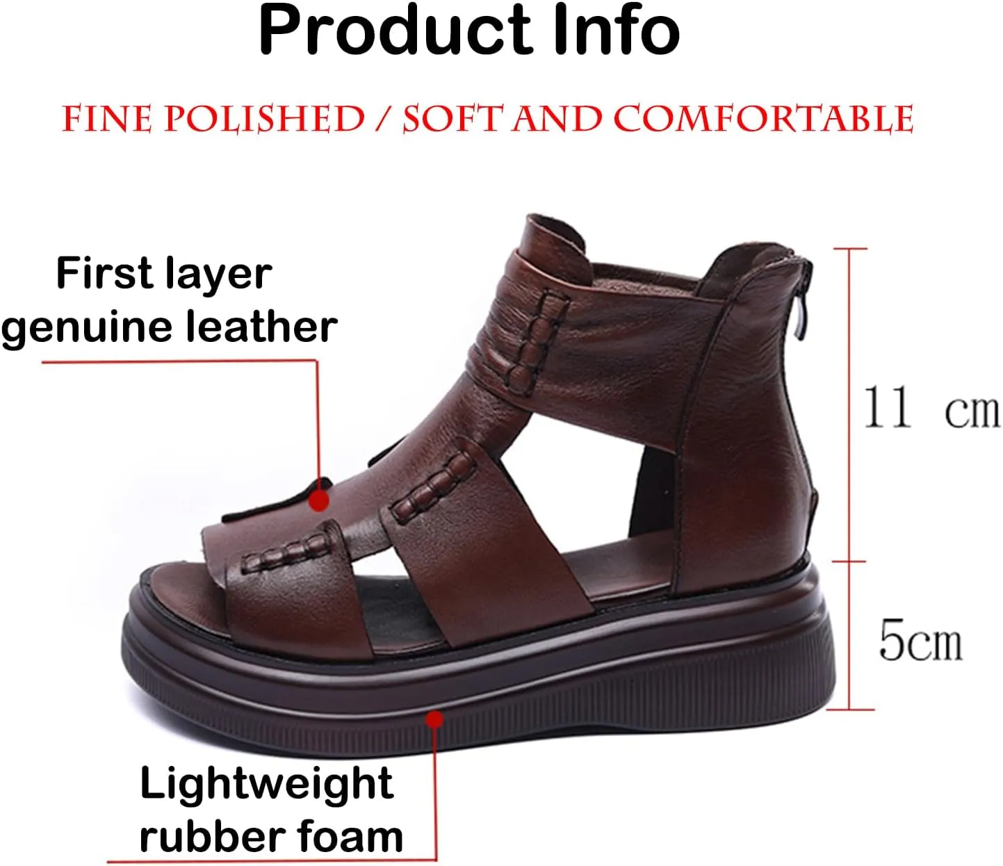 Micoklinlin Sandals Women Black Genuine Leather Boots Sandals Zipper Open Toe Flat Platform Sandals for Women Dressy Summer