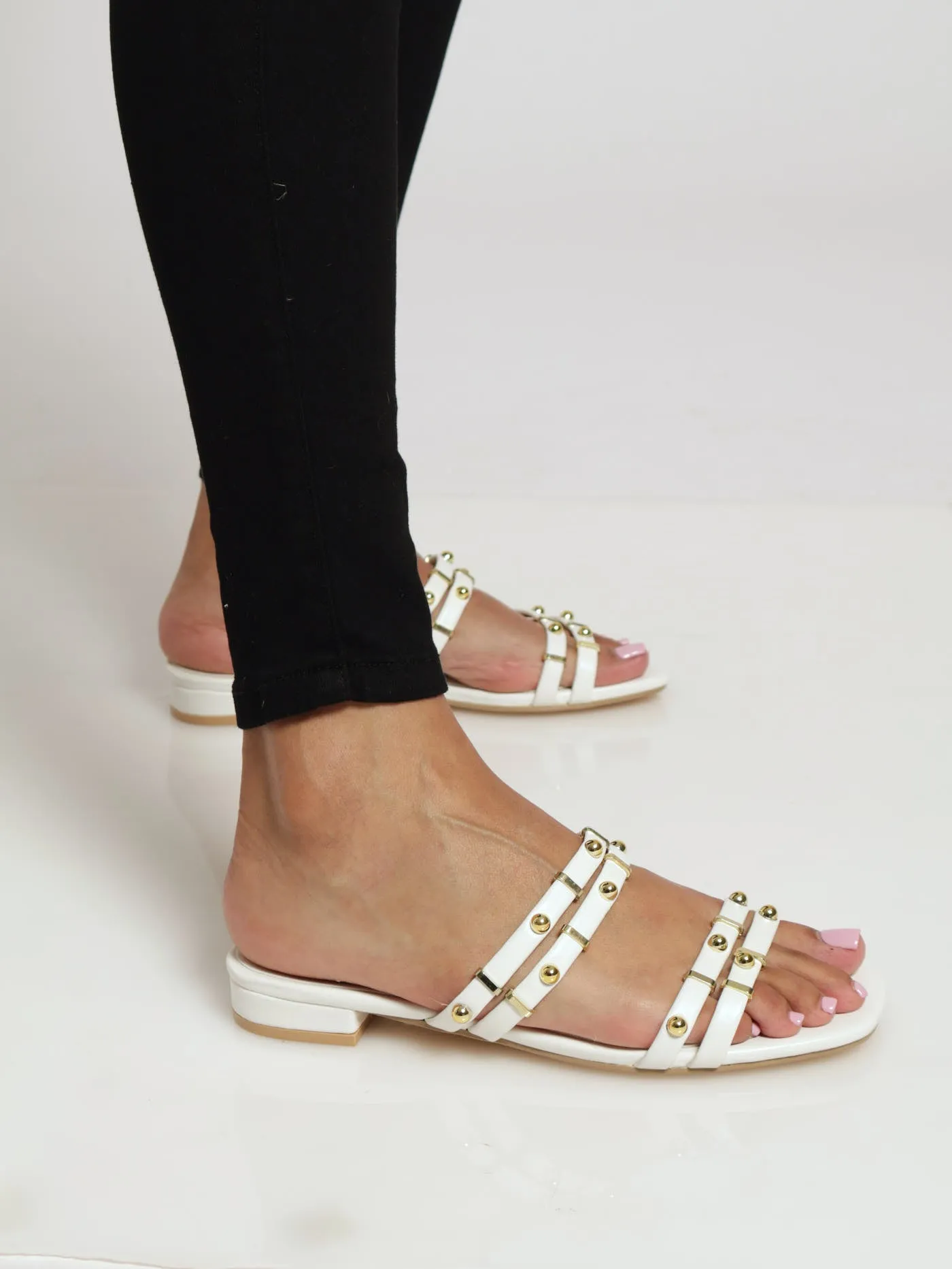 Multi Strap Studded Push In Mule  Sandal - Off White