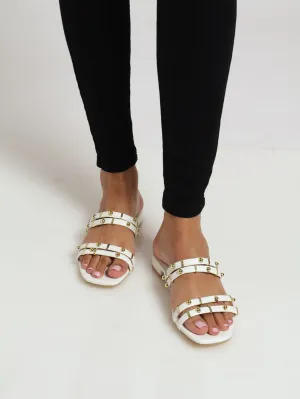 Multi Strap Studded Push In Mule  Sandal - Off White