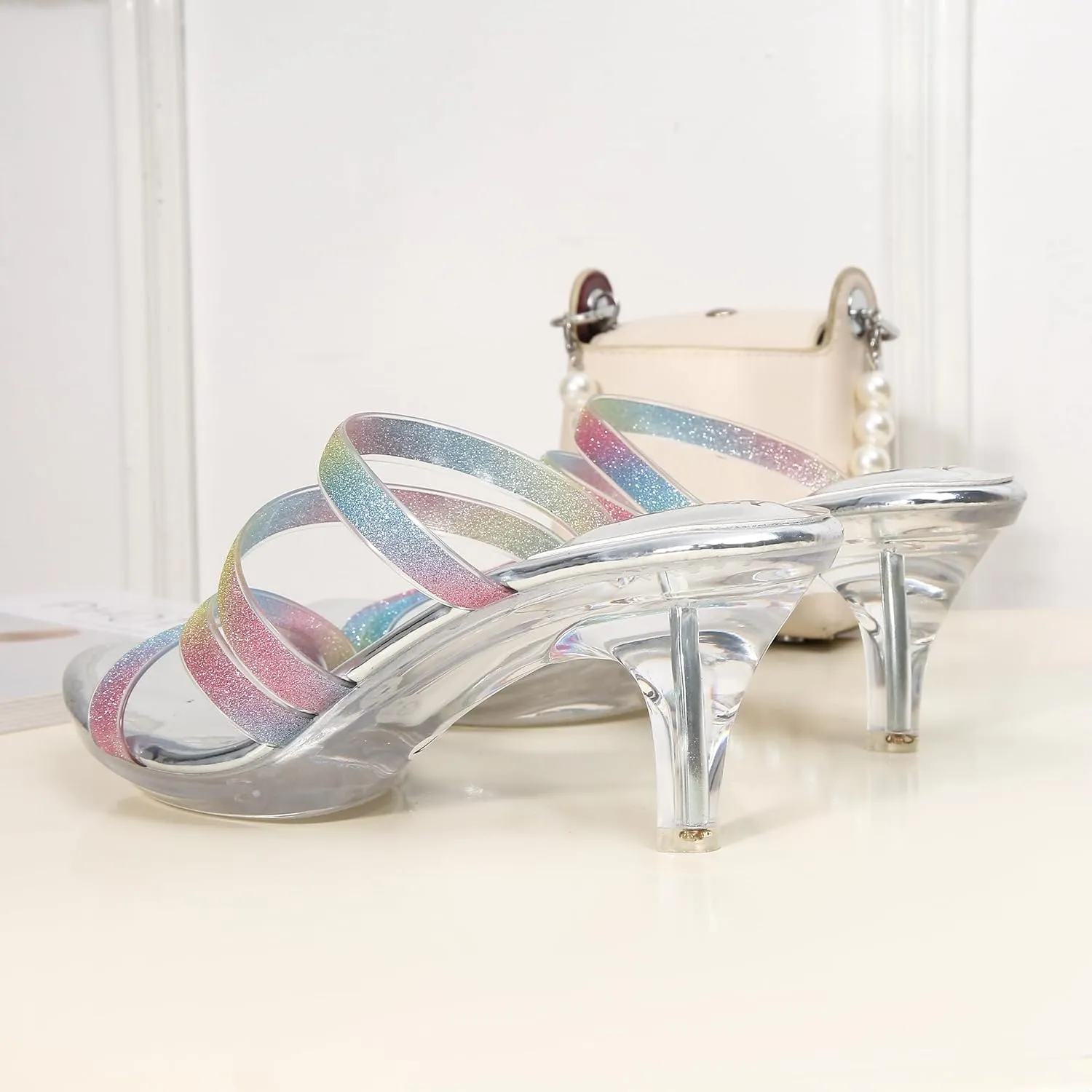 NBUUNBU Clear Heels for Women Silver Black Heels Little Platform Sexy High Heels Sandals Stiletto Kitten Open Toe Dress Shoes Comfortable Double Transparent Strap Heeled Sandals Mule