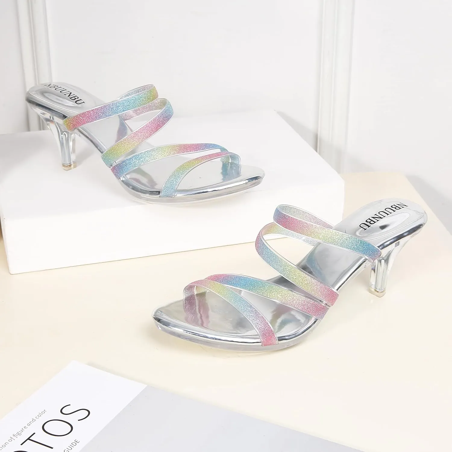 NBUUNBU Clear Heels for Women Silver Black Heels Little Platform Sexy High Heels Sandals Stiletto Kitten Open Toe Dress Shoes Comfortable Double Transparent Strap Heeled Sandals Mule
