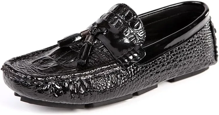 New Men's Loafers Shoes Round Toe PU Leather Crocodile Print Tassel Driving Loafers Flat Heel Anti-Slip Flexible Outdoor Slip-ons