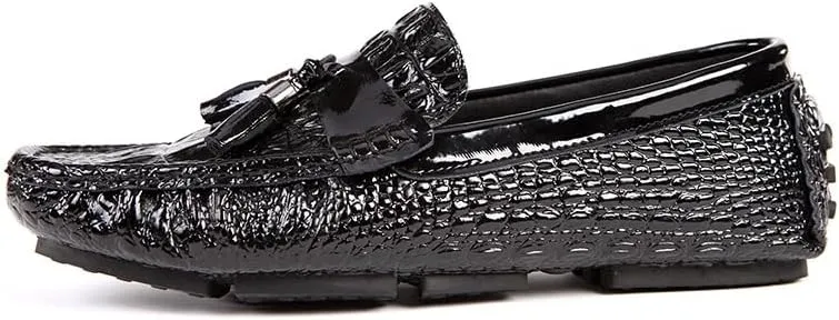 New Men's Loafers Shoes Round Toe PU Leather Crocodile Print Tassel Driving Loafers Flat Heel Anti-Slip Flexible Outdoor Slip-ons