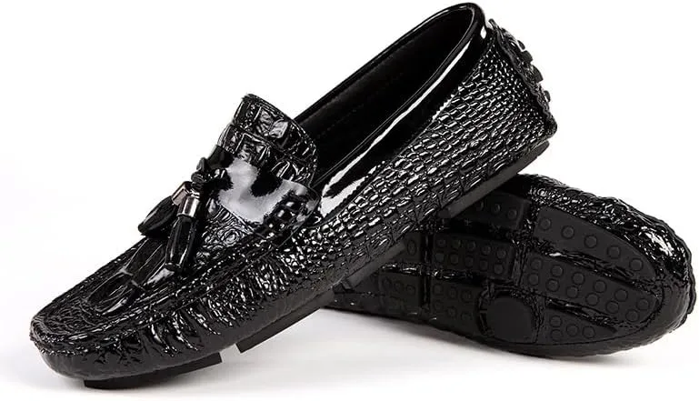 New Men's Loafers Shoes Round Toe PU Leather Crocodile Print Tassel Driving Loafers Flat Heel Anti-Slip Flexible Outdoor Slip-ons