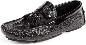 New Men's Loafers Shoes Round Toe PU Leather Crocodile Print Tassel Driving Loafers Flat Heel Anti-Slip Flexible Outdoor Slip-ons