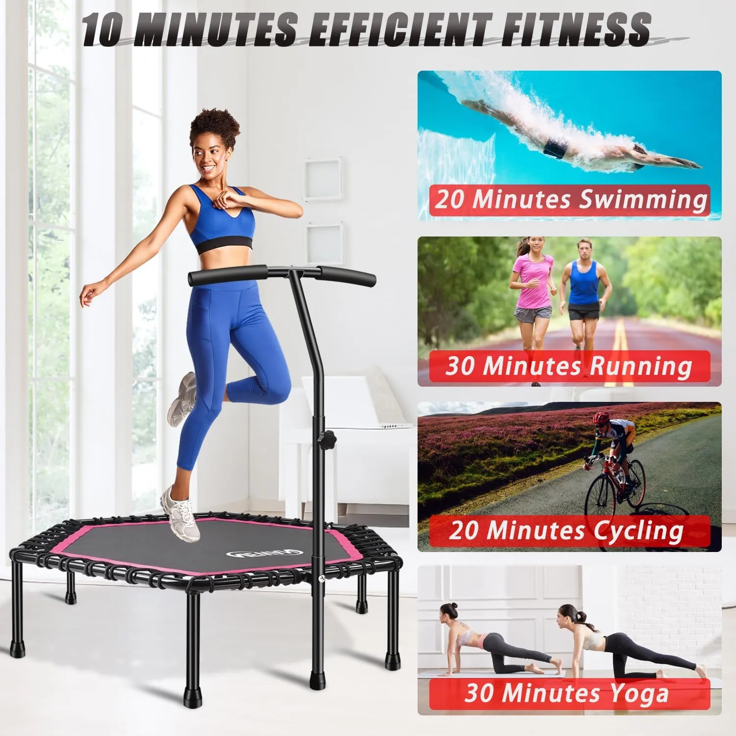 Newan 48'' Fitness Trampoline with Adjustable Handle Bar, Silent Trampoline Bungee Rebounder Jumping Cardio Trainer Workout for Adults - Max Limit 330 lbs