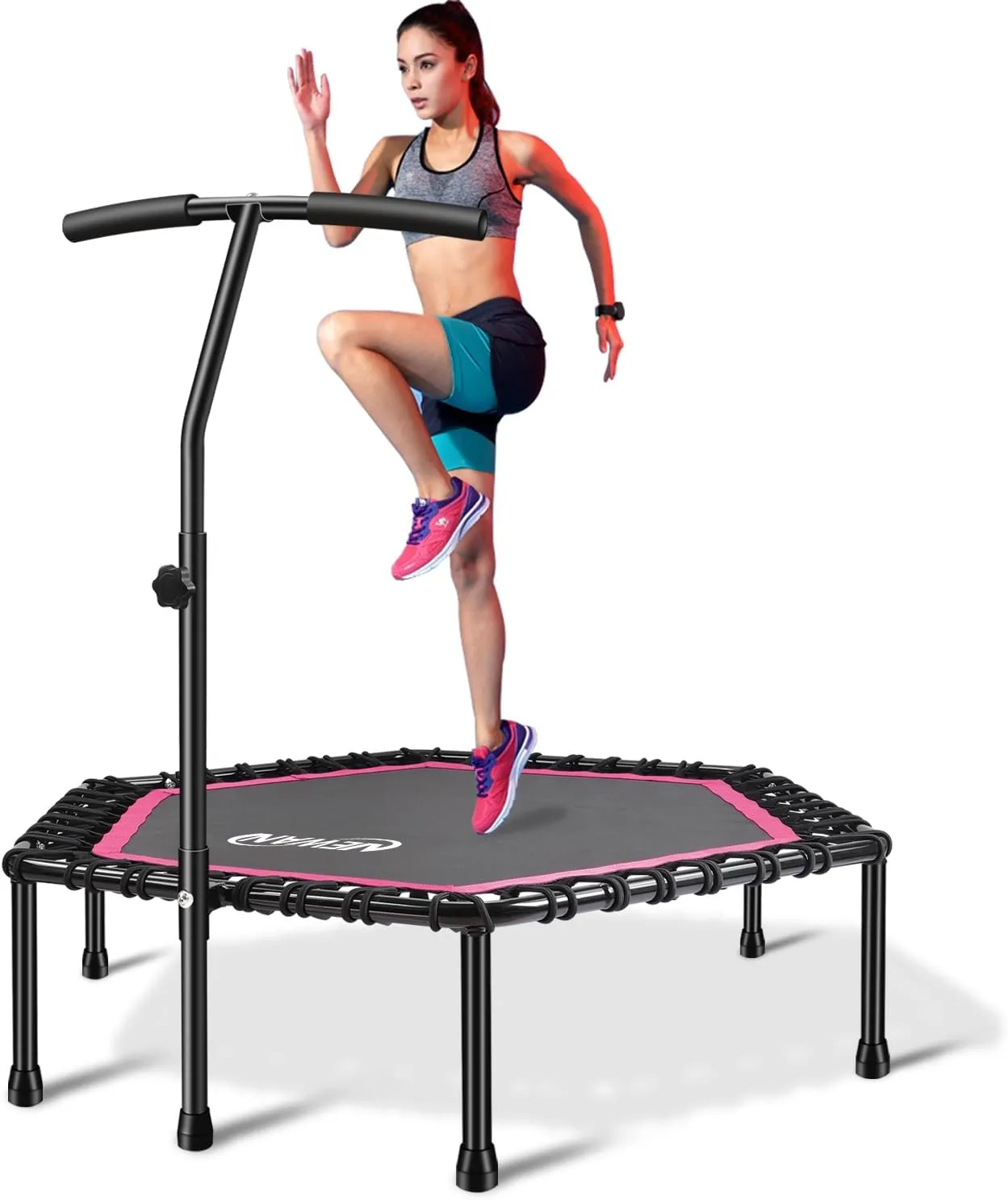 Newan 48'' Fitness Trampoline with Adjustable Handle Bar, Silent Trampoline Bungee Rebounder Jumping Cardio Trainer Workout for Adults - Max Limit 330 lbs