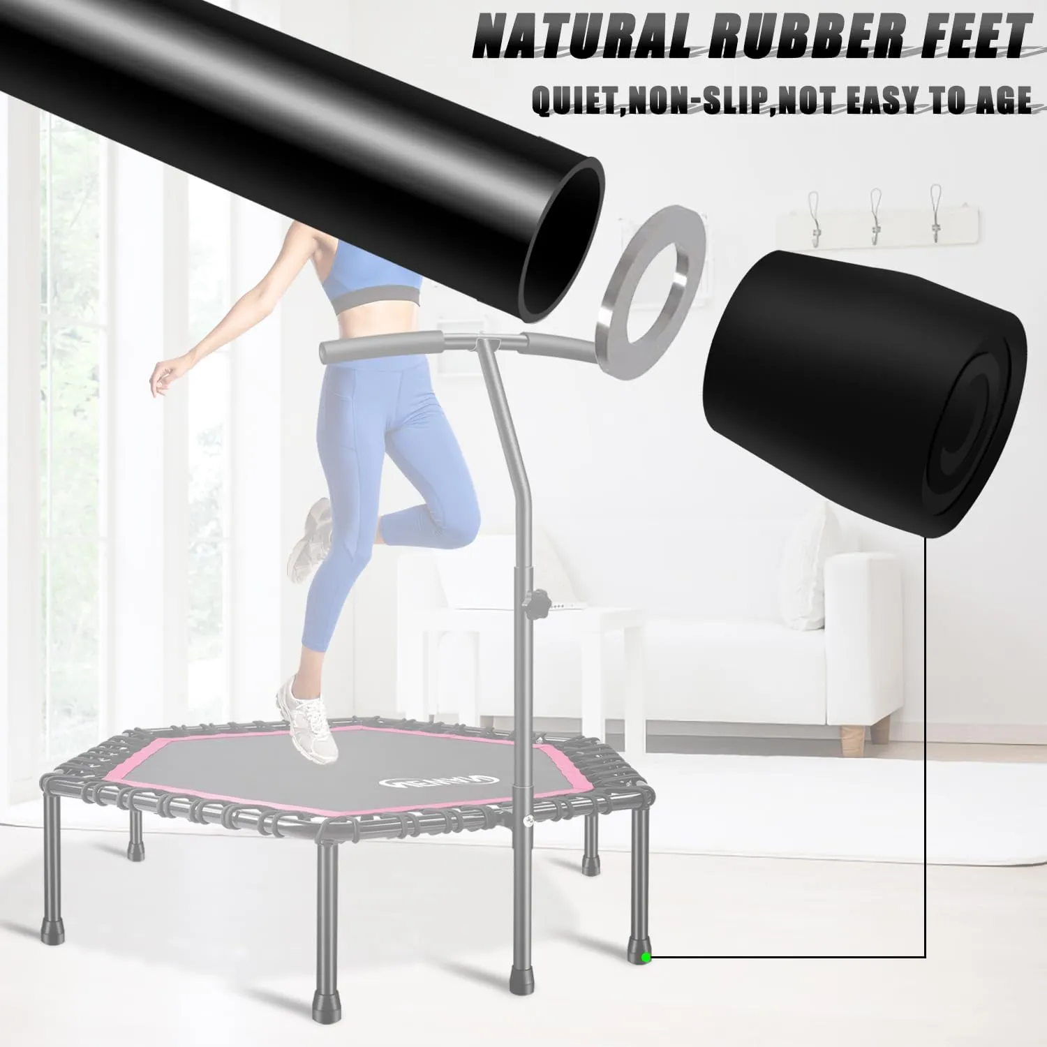 Newan 48'' Fitness Trampoline with Adjustable Handle Bar, Silent Trampoline Bungee Rebounder Jumping Cardio Trainer Workout for Adults - Max Limit 330 lbs