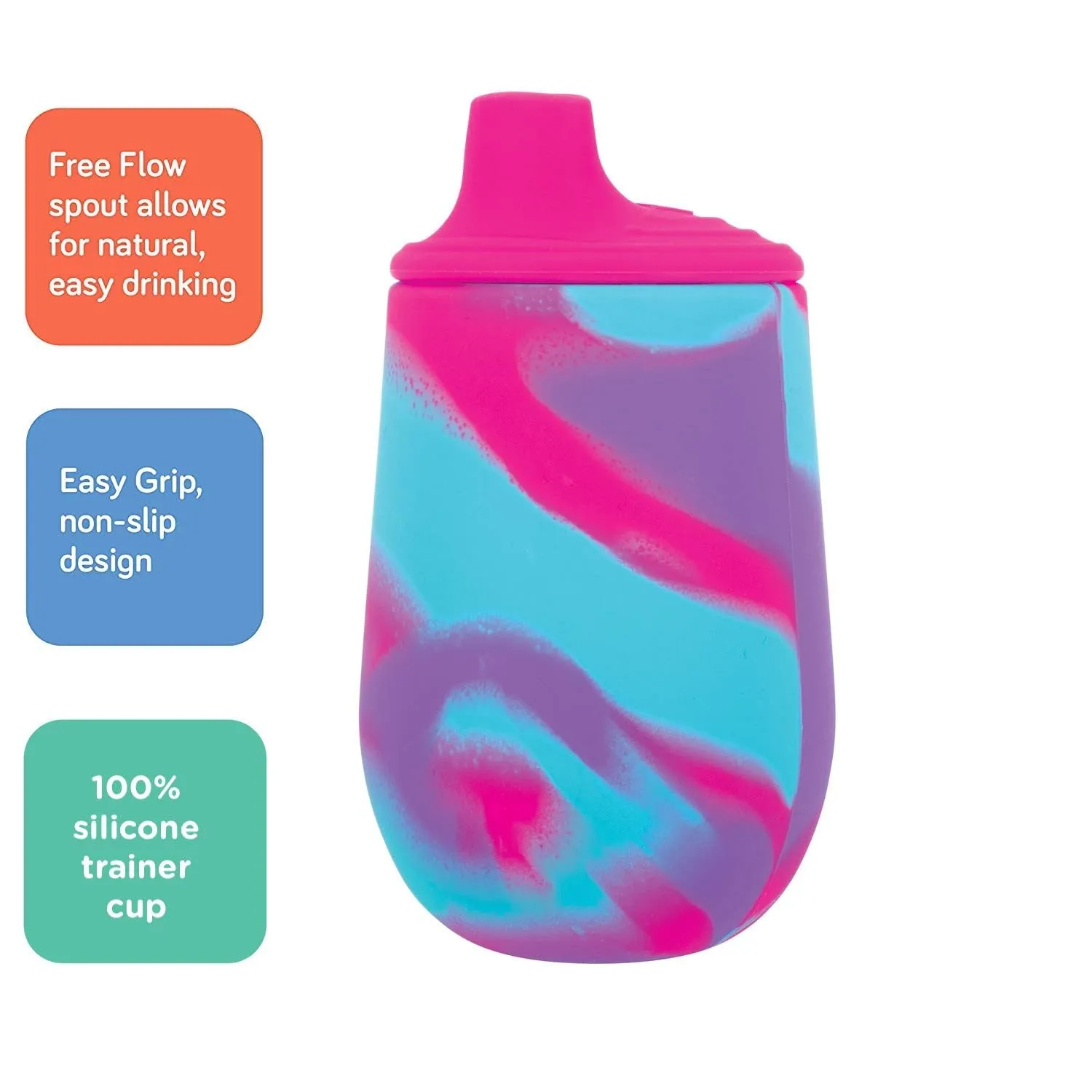 Nuby Silicone Confetti/Sprinkles First Open Training Cup - 2oz Silicone Pink/Purple Tie-dye First Training Cup with Free Flow Soft Spout - 6oz, 6  months