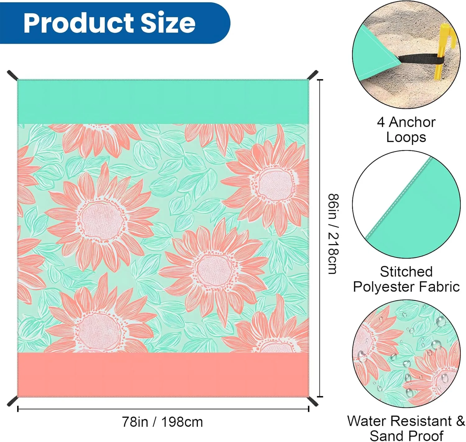 NYZE Beach Blanket Waterproof Sandproof Extra Large Picnic Beach Mat for 1-8 Adults Durable Outdoor Mat with Stakes for Beach Travel Camping Hiking 78X86in