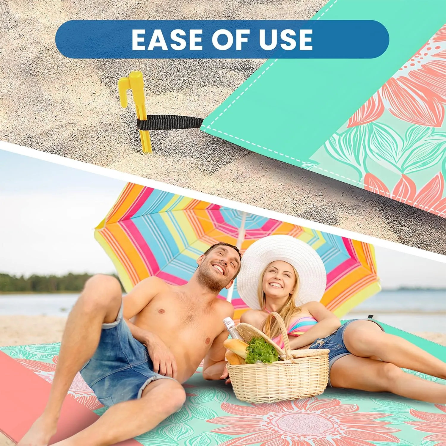 NYZE Beach Blanket Waterproof Sandproof Extra Large Picnic Beach Mat for 1-8 Adults Durable Outdoor Mat with Stakes for Beach Travel Camping Hiking 78X86in