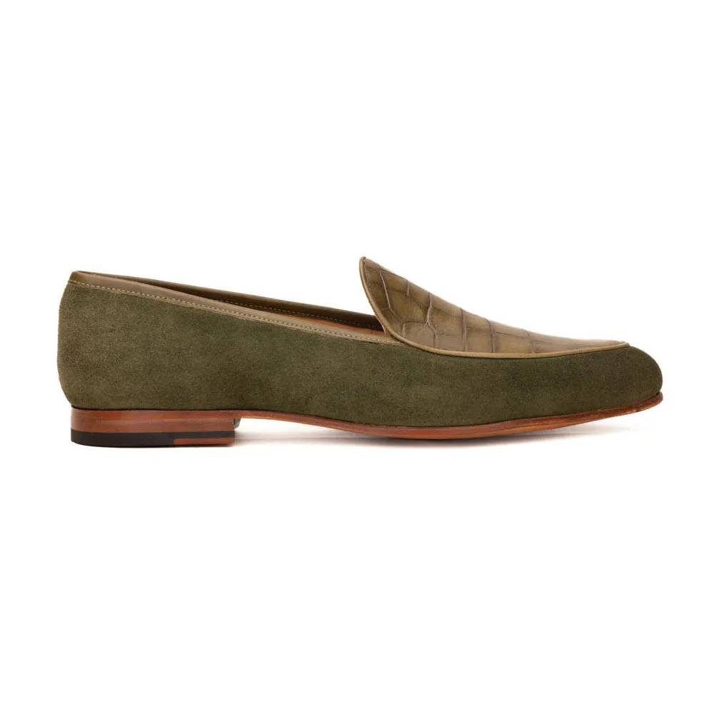 Olive Green Suede Loafer With Croco Green Vamp
