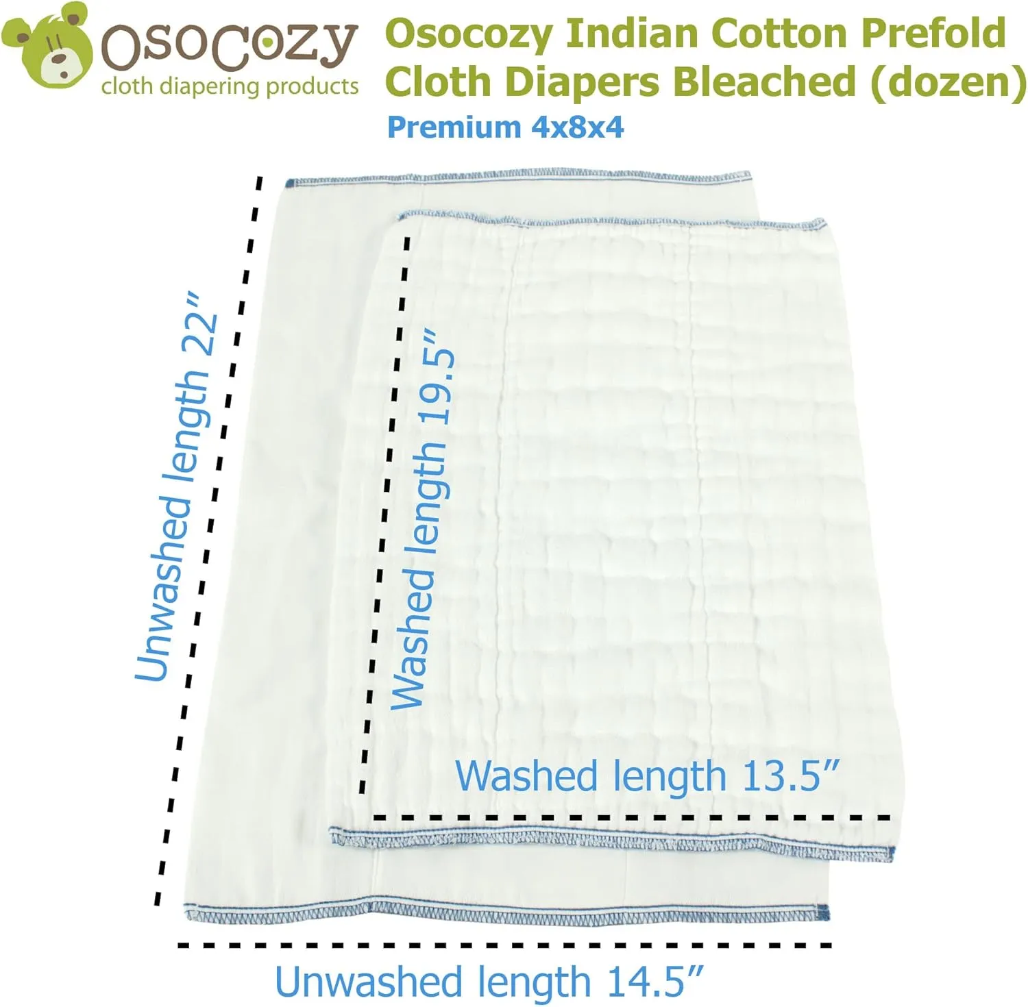 OsoCozy Prefold Cloth Diapers (1 Doz) - Soft, Absorbent, Durable - 100% Cotton