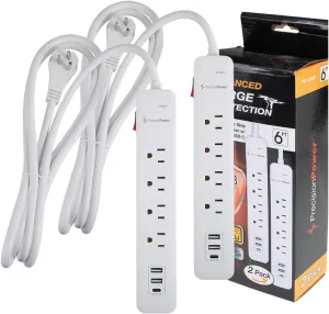 Precision Power 6-Ft Long Surge Protector Extension – Heavy Duty Flat Plug with 4 Outlets, 3 USB Ports, Multi-Outlet Use w/LED Lights Indicator, Ideal for Home, Office & Everywhere - Pack of 2