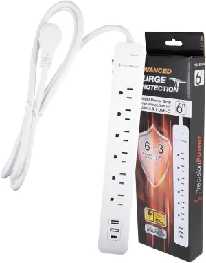 Precision Power Surge Protector Extension – Heavy Duty 6-Feet Cord with 6 Outlets, 3 USB Ports, Multi-Outlet Use w/LED Lights Indicator, Ideal for Home, Office & Everywhere