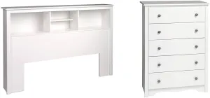 Prepac Full/Queen Headboard with Bookcase Storage and 5-Drawer Dresser Chest for Bedroom in White Finish