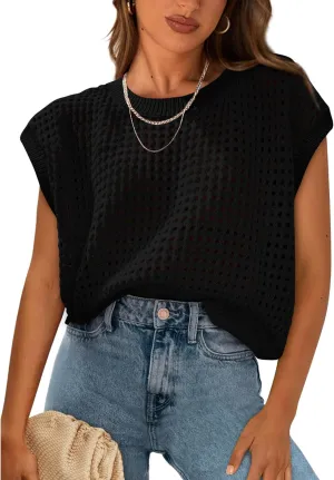 PRETTYGARDEN Womens Spring Tops 2025 Summer Shirts Crochet Cap Sleeve Sweater Pullover Cute Beach Vacation Clothes