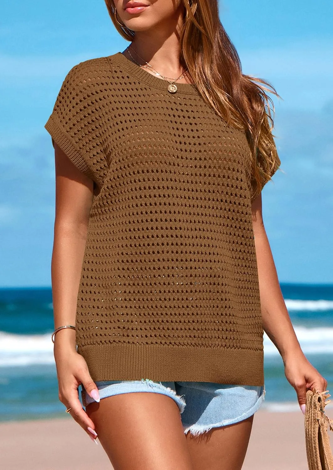 PRETTYGARDEN Womens Spring Tops 2025 Summer Shirts Crochet Cap Sleeve Sweater Pullover Cute Beach Vacation Clothes