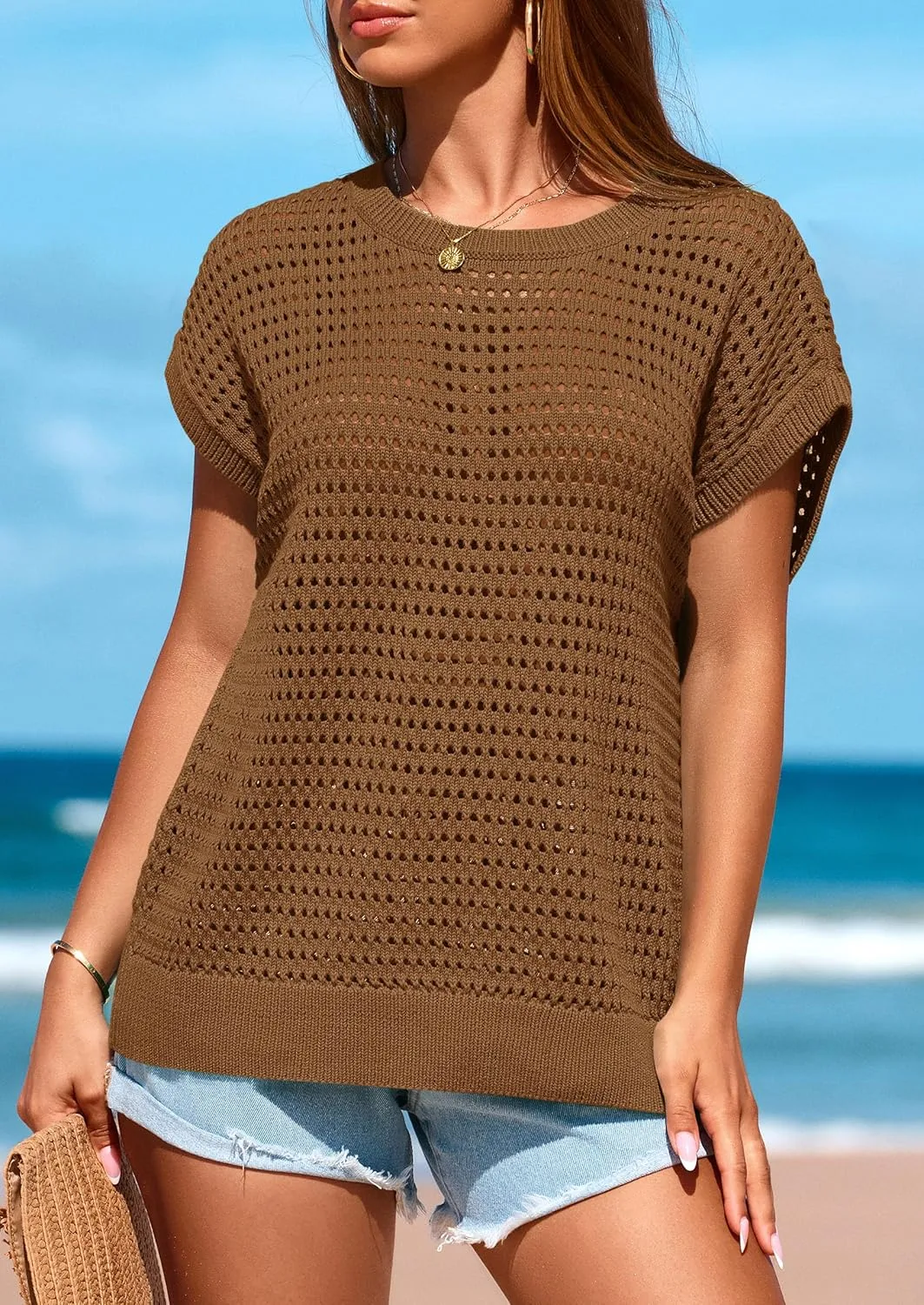 PRETTYGARDEN Womens Spring Tops 2025 Summer Shirts Crochet Cap Sleeve Sweater Pullover Cute Beach Vacation Clothes
