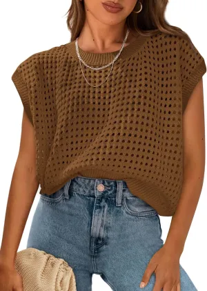 PRETTYGARDEN Womens Spring Tops 2025 Summer Shirts Crochet Cap Sleeve Sweater Pullover Cute Beach Vacation Clothes