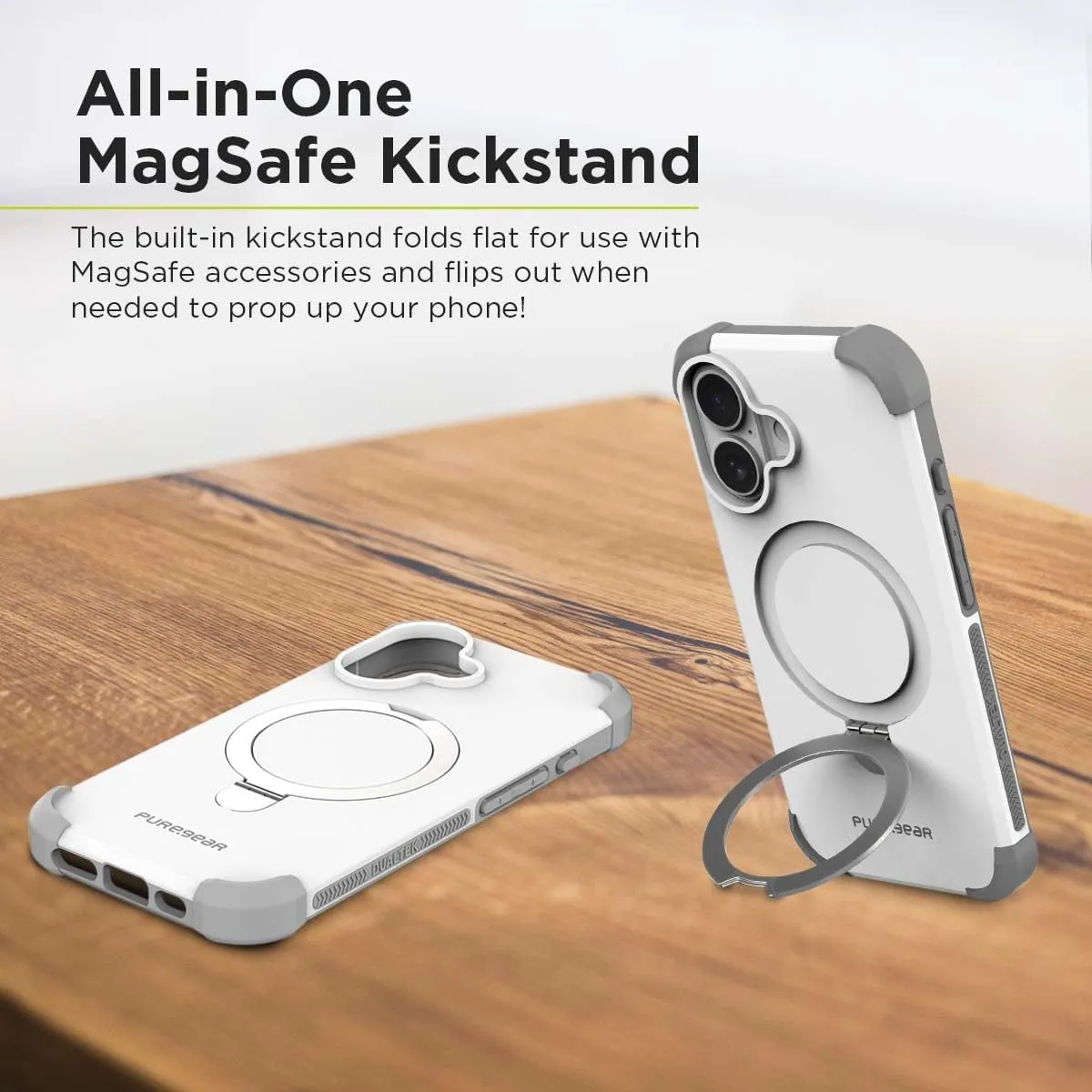 PureGear DualTek KIK - Magnetic Phone Grip Case for iPhone 16 (2024), Military Tested and Approved, MagSafe Compatible, Heavy-Duty Durable Protective iPhone 16 Case with Built-in Kickstand, White