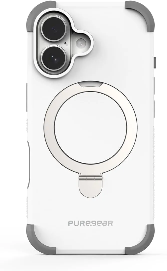 PureGear DualTek KIK - Magnetic Phone Grip Case for iPhone 16 (2024), Military Tested and Approved, MagSafe Compatible, Heavy-Duty Durable Protective iPhone 16 Case with Built-in Kickstand, White