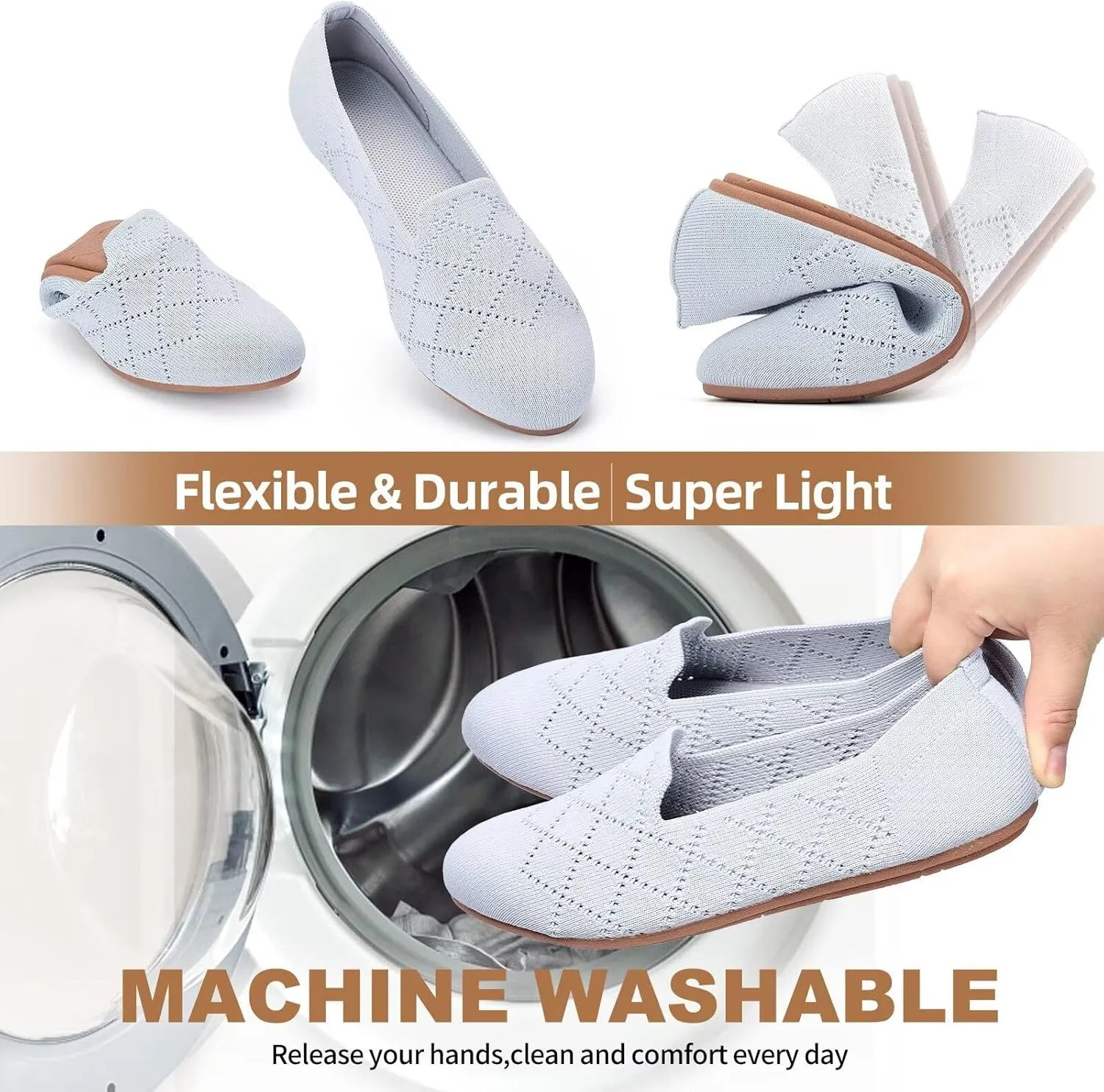 Puxowe Ballet Flats for Women - Stretch Knit Slip-On Low Wedge Shoes, Soft Round Toe Design for Office, Travel & Daily Walking