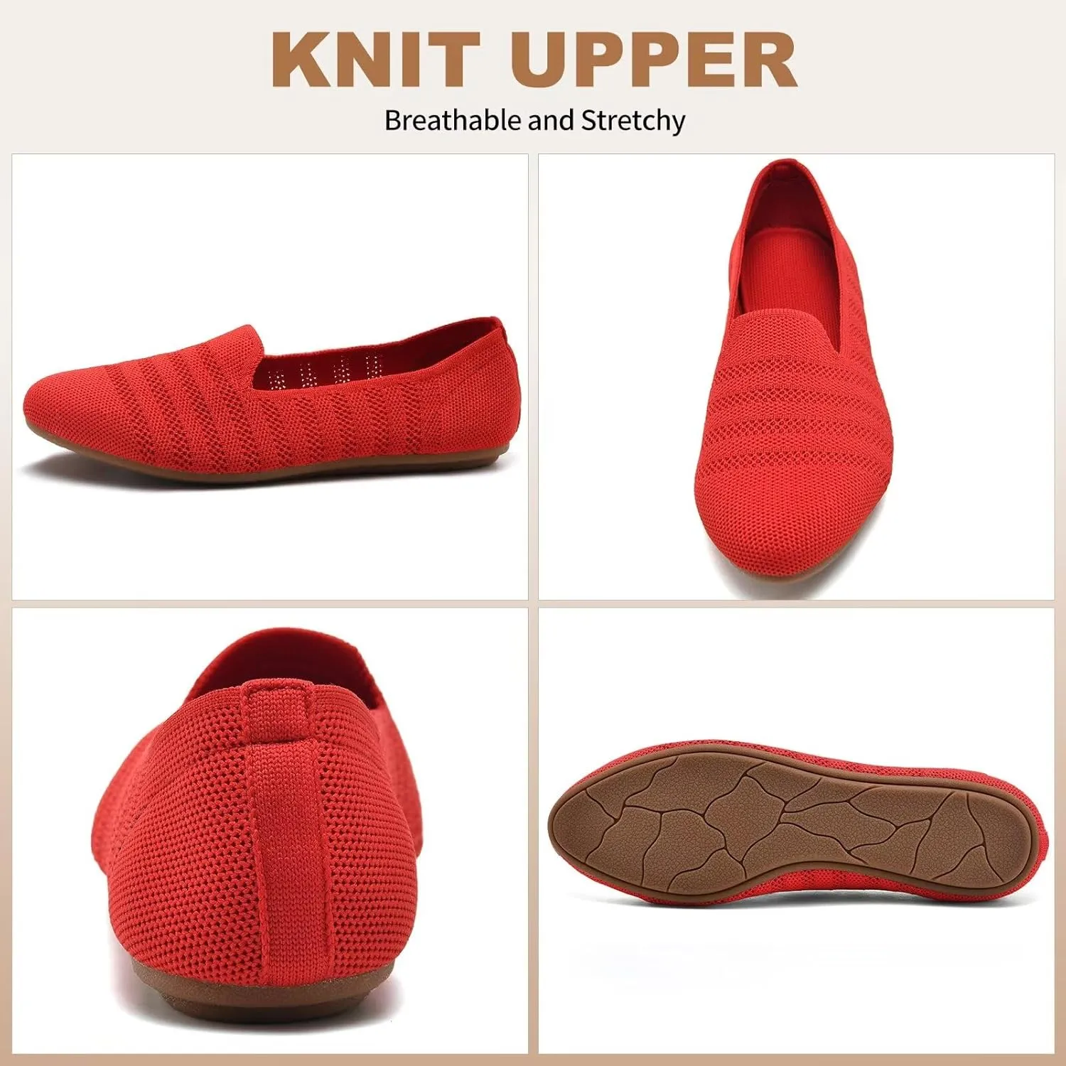 Puxowe Women's Knit Ballet Flats Slip-On Shoes with Low Wedge Sole - Comfortable Round Toe Shoes for Walking, Dress & Casual Outfits