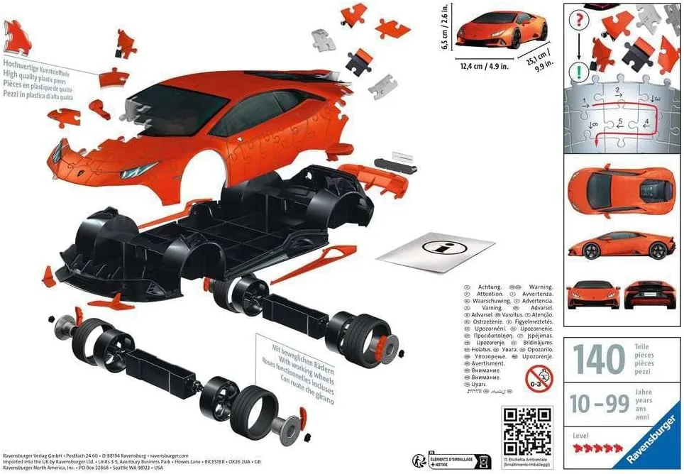 Ravensburger Lamborghini Huracan EVO 3D Jigsaw Puzzle - 108 Piece Model Kit | for Kids and Adults | Rotating Wheels | Sturdy & Durable, No Glue Required
